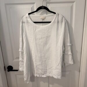 Cynthia‎ Rowley Ruffle Fringe Sleeve Crew Neck Pullover Top White Size 1X Boxy